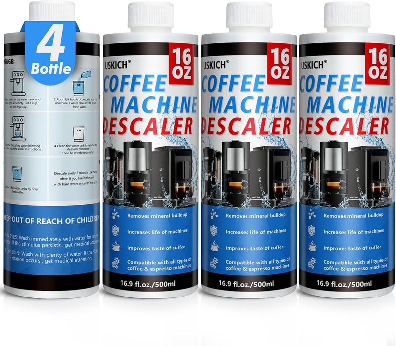 USKICH 4 Pack Coffee Machine Descaler Cleaner -16 Uses,Descaling Solution for Nespresso Breville Keurig Jura &Delonghi - Coffee Machine Cleaners For All Coffee Makers & Espresso Machines,Glass Pot Cleaner - Image 1